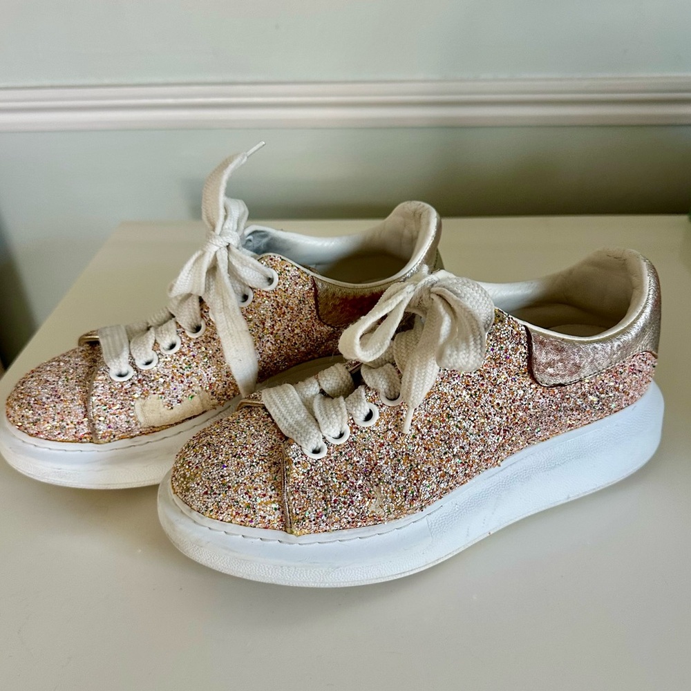 Alexander McQueen Rose Gold Glitter Cream Leather Platform Women’s Sneakers 6.5